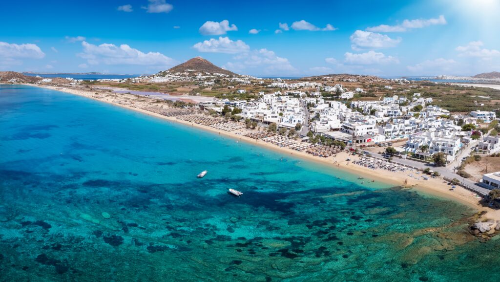 aerial,view,of,the,popular,agios,prokopios,beach,at,naxos